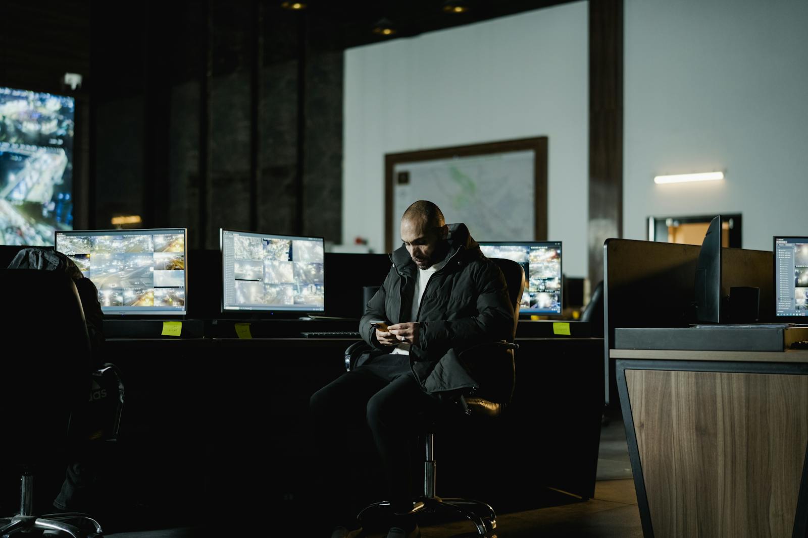 Security monitoring desk with surveillance screens